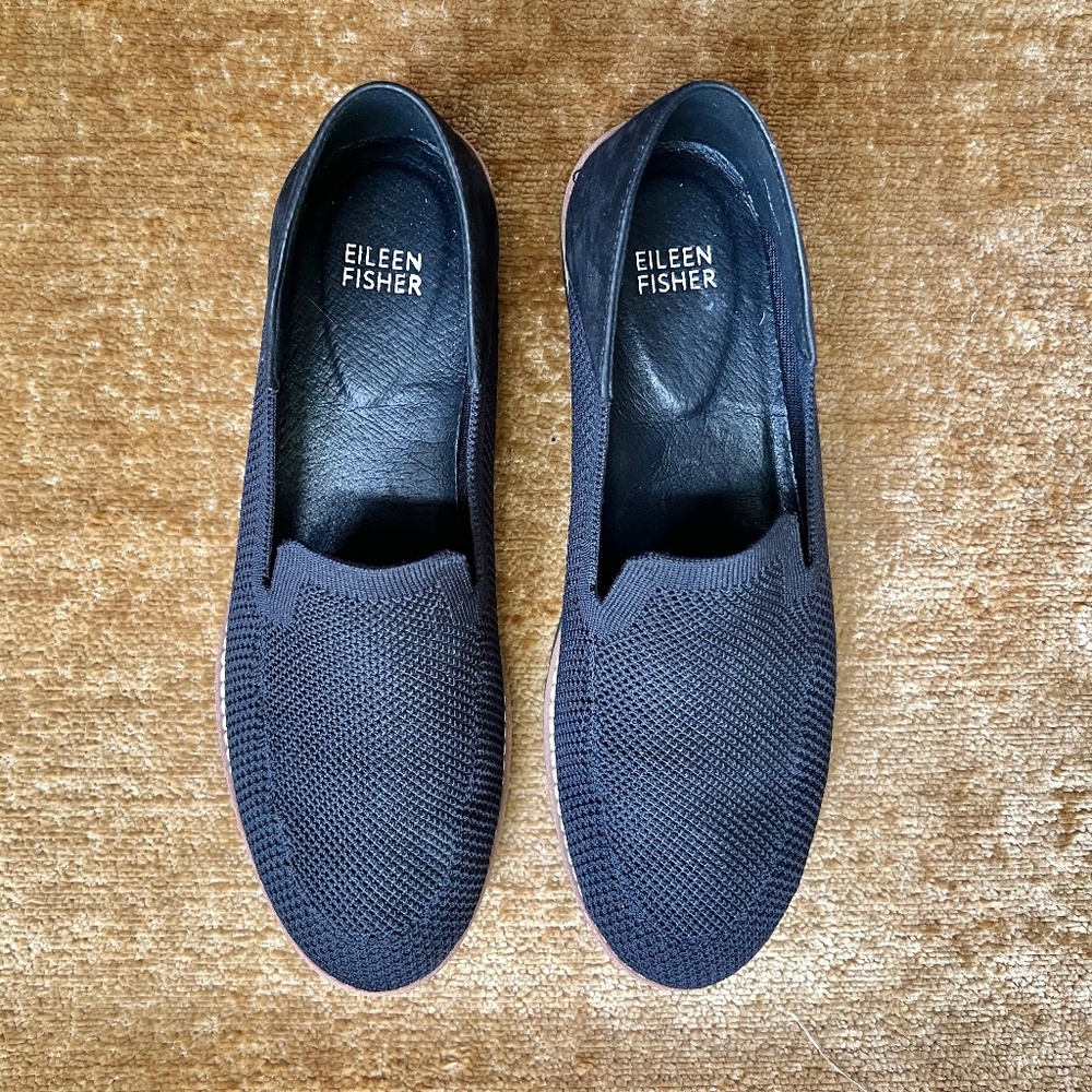 Eileen Fisher, Loafers, Flats, Womens, Sz 8,‎ Black, Knit, Stretch Slip-on